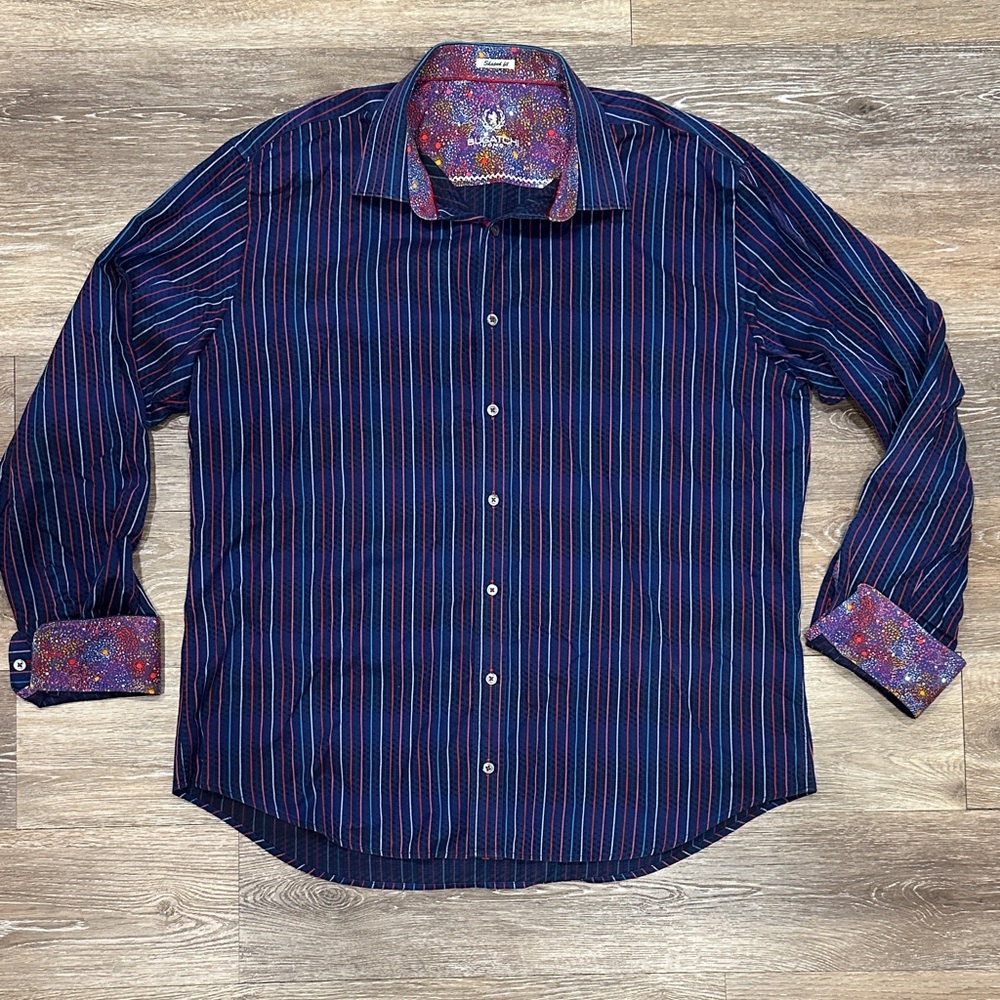 Bugatchi Navy and Red Striped Button Down Shirt